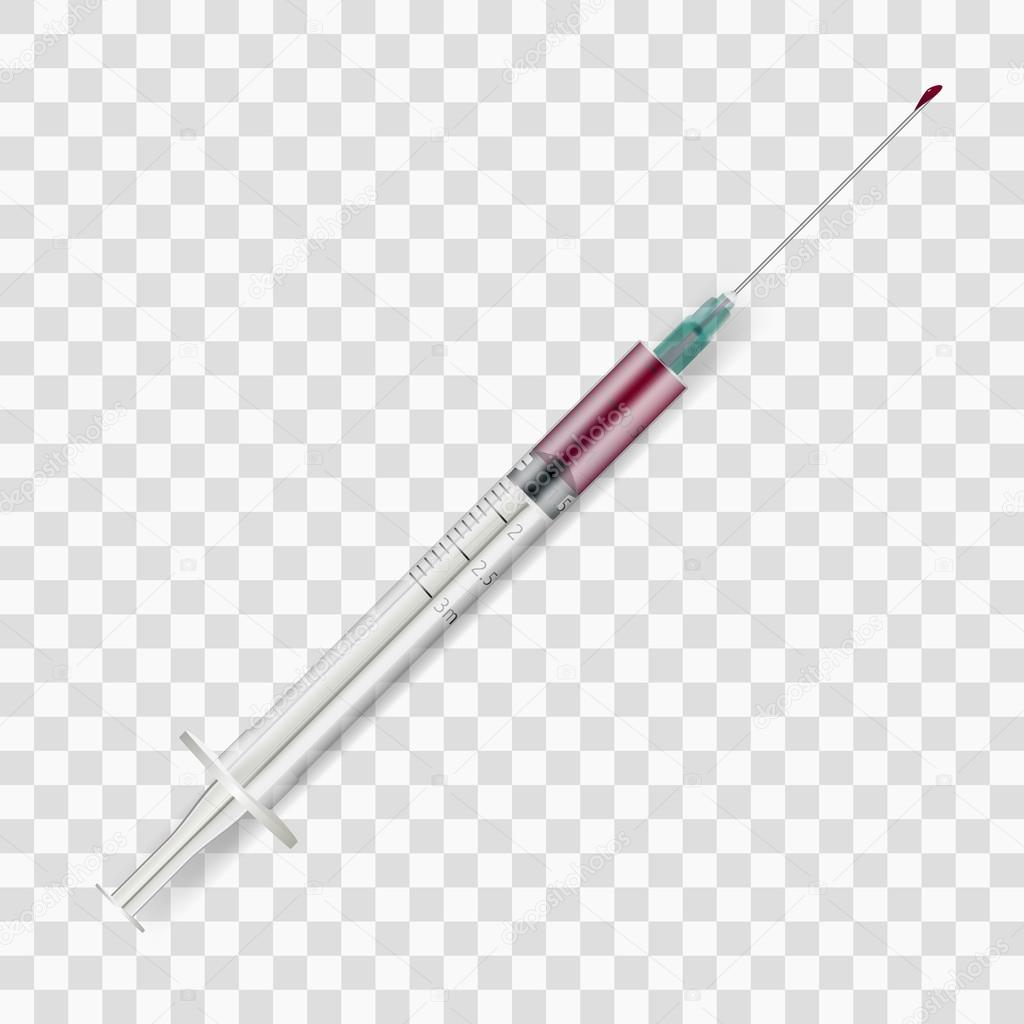 Realistic vector syringe with blood isolated transparent Stock Vector