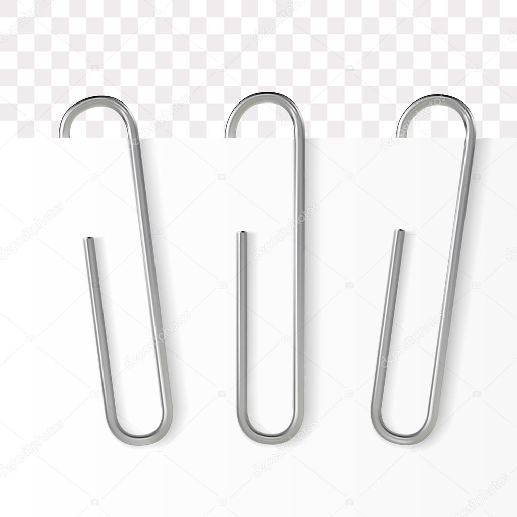 Realistic paper clip. Metallic fastener on transparent background. Vector illustration.