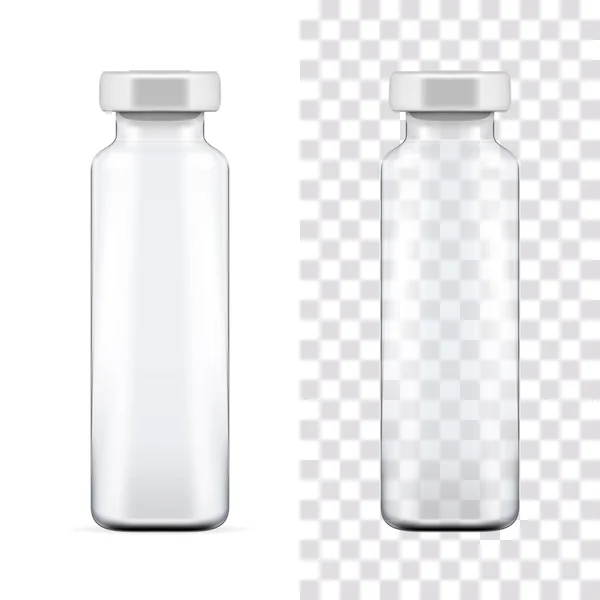 Sjabloon van transparant glas medische ampul met aluminium dop. Verpakking collectie. Vectorillustratie. — Stockvector