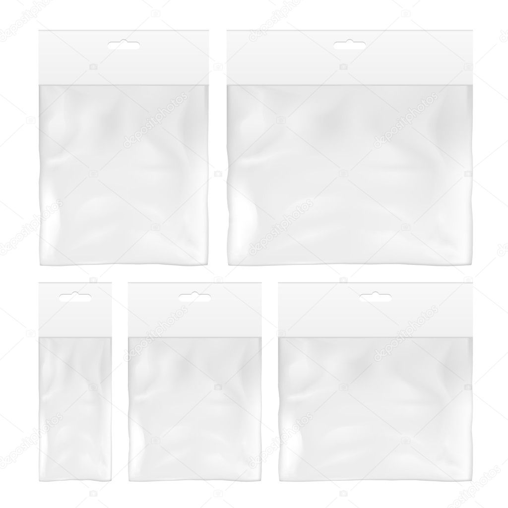Set Of White Blank Plastic Pocket Bags With Hang Slot