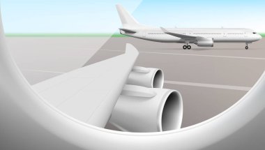 Havayolları uçağı havaalanına park etti. Pencere Görünümü