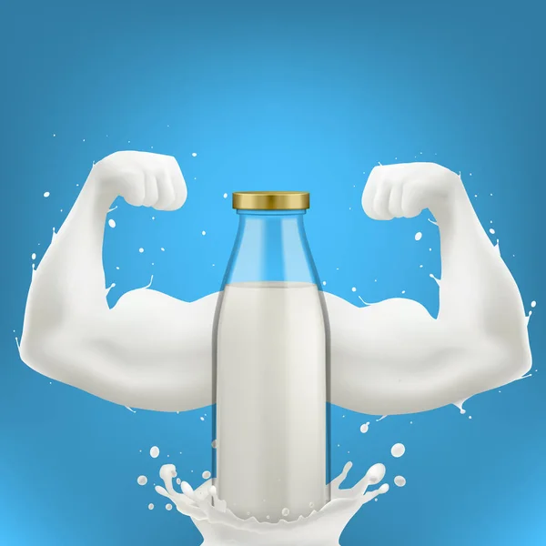 Fles met een scheutje melk in de vorm van een sterke arm — Stockvector