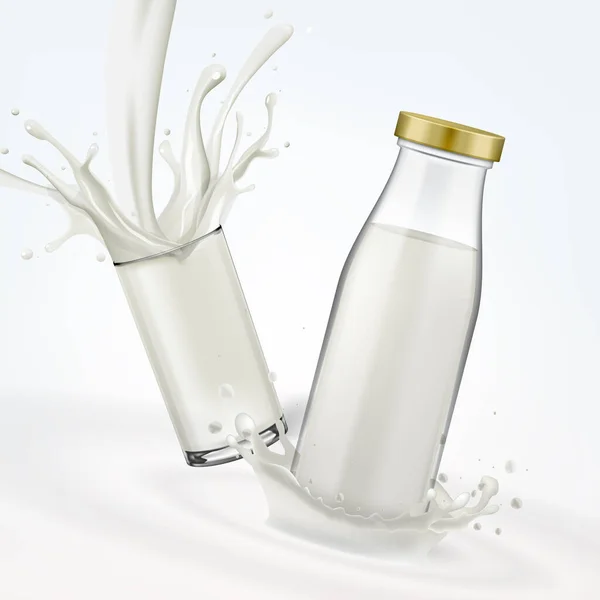 Garrafa de leite realista 3D e pacote de vidro Mock Up — Vetor de Stock