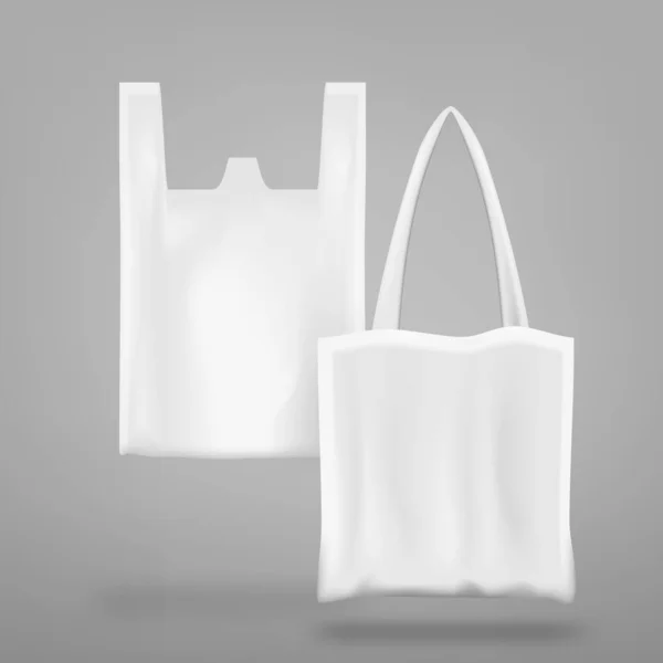 Eco Fabric and Plastic Fandle Bags Set On Gray — 스톡 벡터