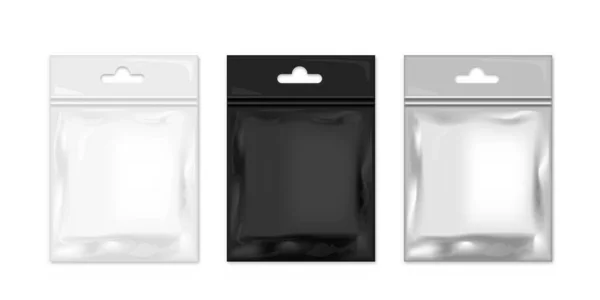 Trois feuilles en plastique Pack. Blanc, noir et argent — Image vectorielle