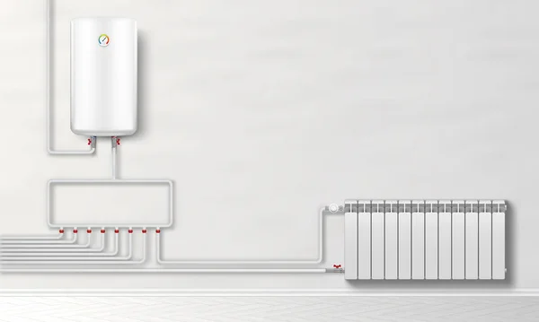 Chaudière chauffe-eau 3D sur mur blanc — Image vectorielle
