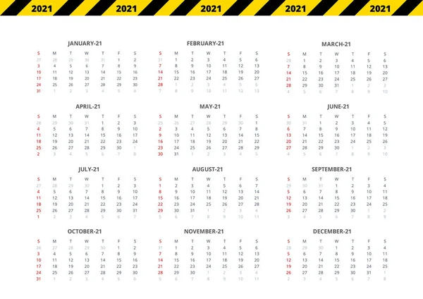 Простий календар 2021 року. Тиждень починається у неділю — стоковий вектор