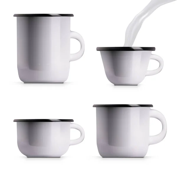 Taza blanca realista del metal del esmalte aislada en blanco — Vector de stock