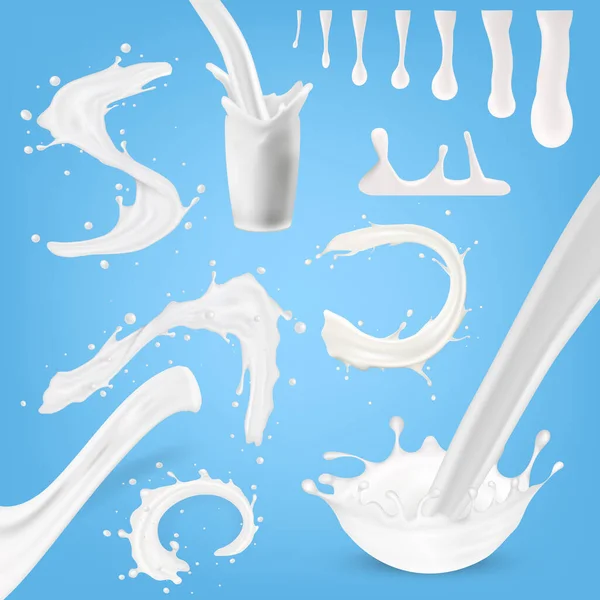 3D Realistic Milk Splashes, Drops And Swirls — Stock Vector