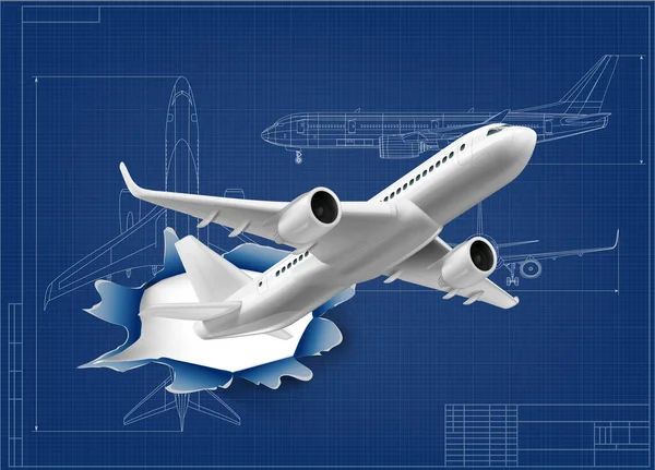 3D飞机飞越飞机蓝图的孔洞 — 图库矢量图片