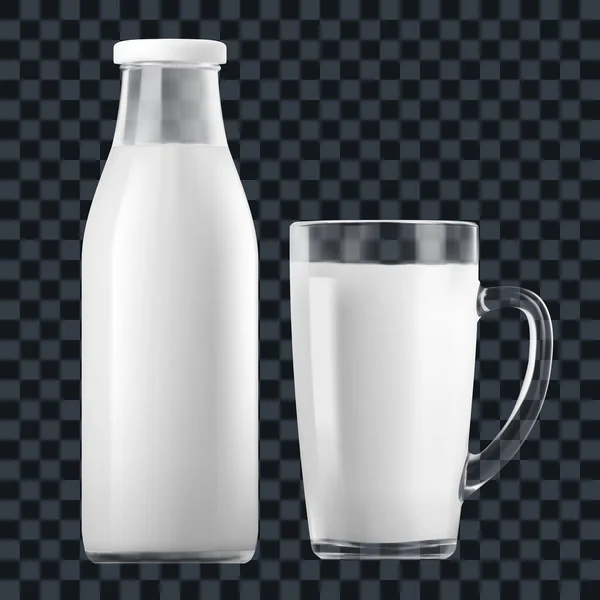 Botella de leche transparente 3D y vidrio — Vector de stock