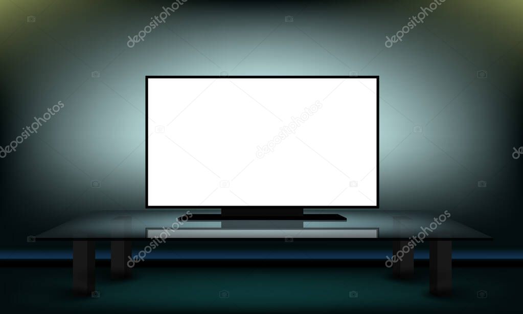 White TV Screen In Darkness In Room On Glass Table