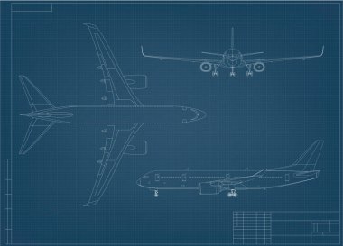 Uçak Planı 'nı. Mavi Arkaplanda Beyaz Taslak Uçak. EPS10 Vektörü