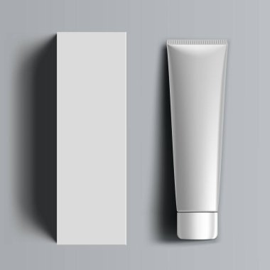 3 boyutlu plastik tüp ve karton kutu ambalajı. EPS10 Vektörü