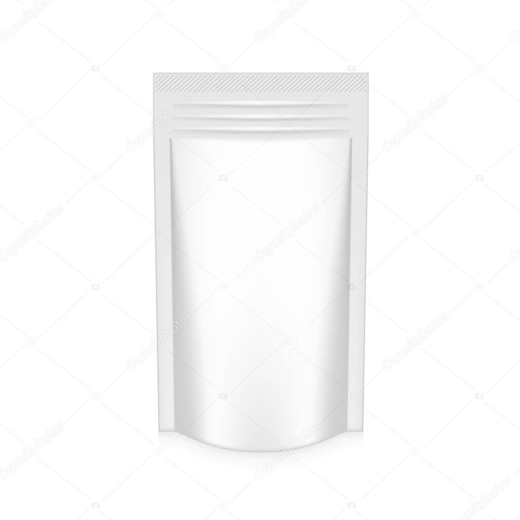 Clear White Pouch Foil Plastic Packaging With Zipper. EPS10 Vector