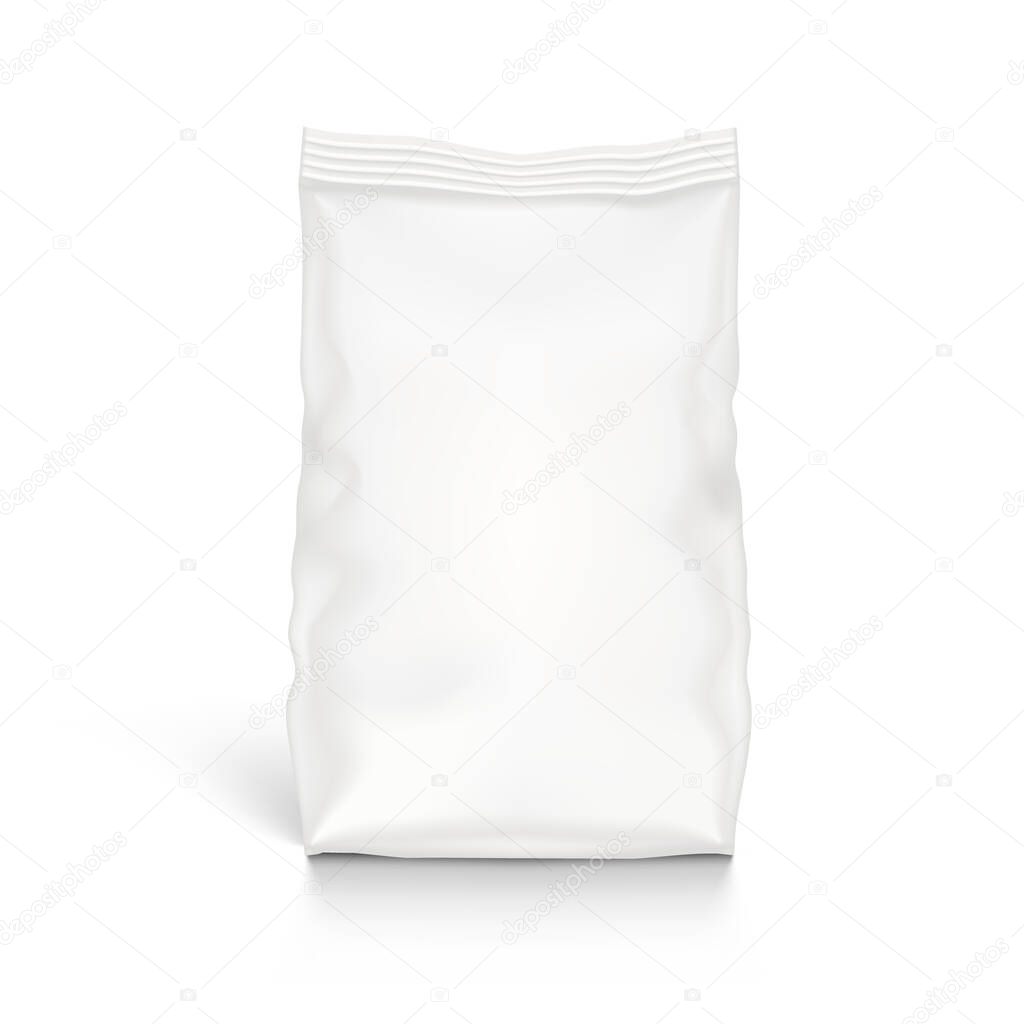 White Blank Foil Food Snack Flour Sachet Bag Packaging Isolated On White. EPS10 Vector