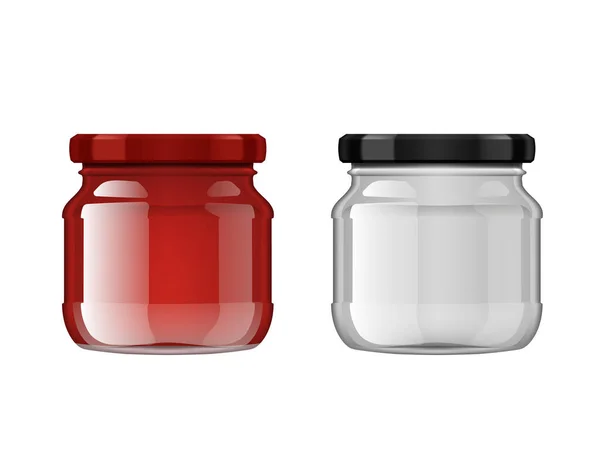 Leeg en vol tomatensaus glazen pot op wit — Stockvector