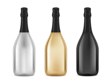 3 boyutlu şampanya ya da beyaz şarap şişeleri.