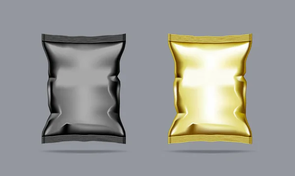 Τσάντα συσκευασίας από μαύρο πλαστικό και χρυσό φύλλο — Διανυσματικό Αρχείο