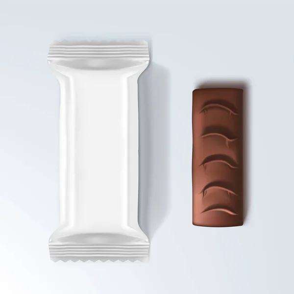Paquete blanco 3D realista con chocolate barra de caramelo — Vector de stock