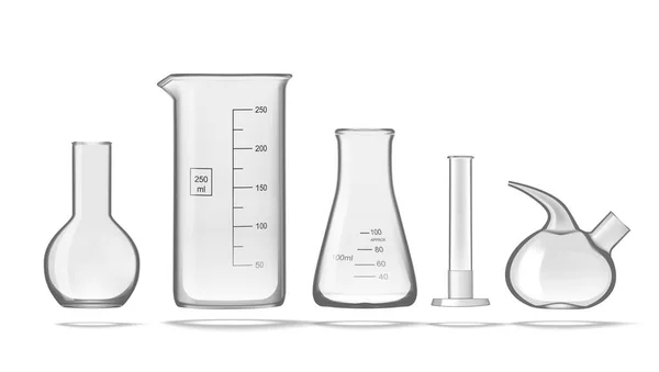 Tomma glasvaror i 3D. Utrustning för laboratorieglas — Stock vektor