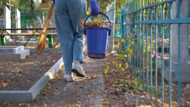 Vista posteriore. donna cammina tra tombe con secchio di foglie secche raccolte — Video Stock