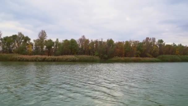 Движение на яхте. осенний пейзаж на реке. спокойная поверхность, безветренная погода — стоковое видео