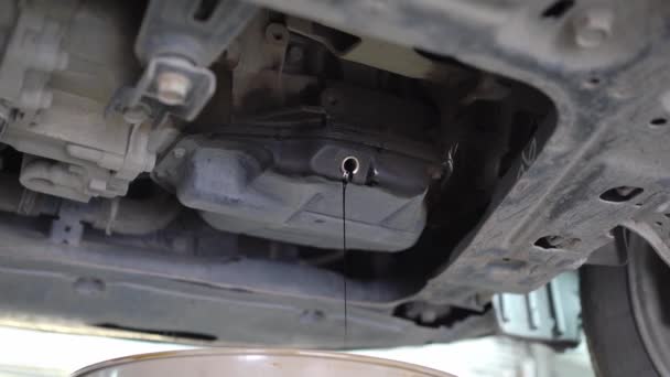 Afvoer van afgewerkte olie en technische inspectie van de auto in de lift in de garage. — Stockvideo