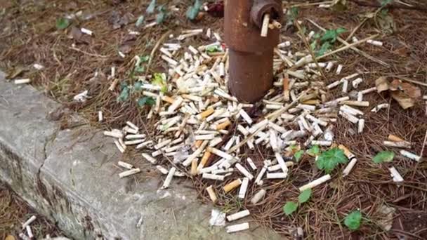 Un sacco di mozziconi di sigaretta e detriti vicino al pilastro arrugginito — Video Stock