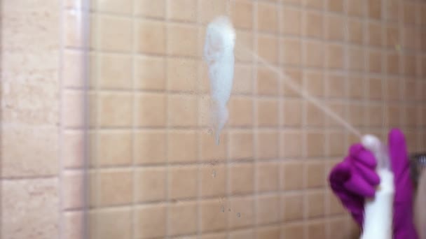 Woman in gloves, with detergent spray, rag washes a partition in the shower — Stock Video