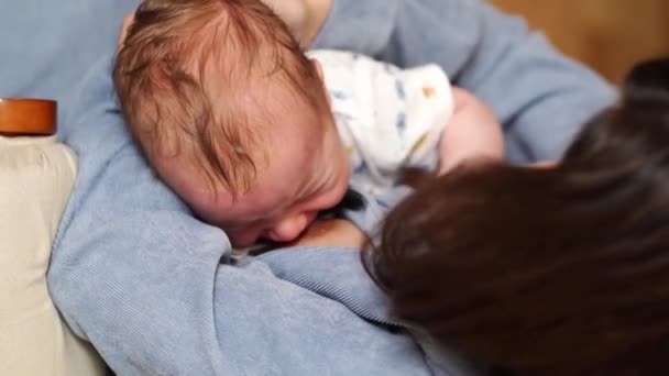 Top view. Mother breastfeeds a newborn. the benefits of breastfeeding — ストック動画