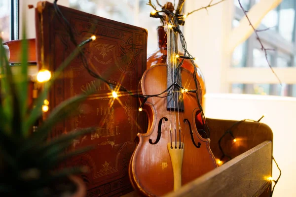 Ancient violin and a book with notes on the shelf with garlanded light bulbs. — Stock Photo, Image