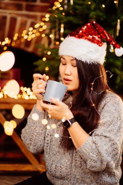 Two woman drinking tea by fireplace with New Years decoration. Romantic.