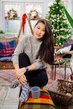 A beautiful brunette woman sits in a country house decorated for the new year