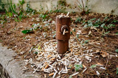 Paslı pipo ve yerde bir sürü sigara izmariti. Sigara içmek için bir yer.. 