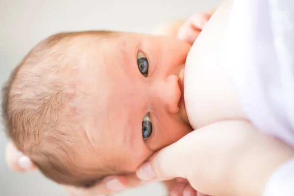 De cerca. mamá alimenta al recién nacido de pie en un interior blanco. amamantar. — Foto de Stock