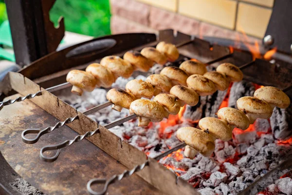 Pilze werden auf Spießen auf Kohlen auf dem Grill gekocht. — Stockfoto