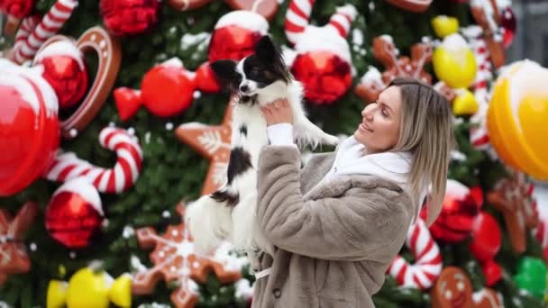 Gyönyörű nő kutyával Papillon közel a karácsonyfa az utcán. — Stock videók