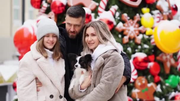 Belle famille avec chien Papillon près de l'arbre de Noël dans la rue. séance photo — Video