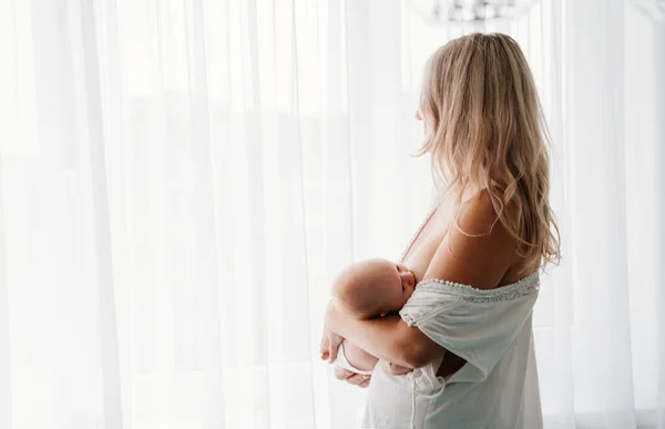 Mamá alimenta al bebé de pie en la ventana. amamantar. —  Fotos de Stock