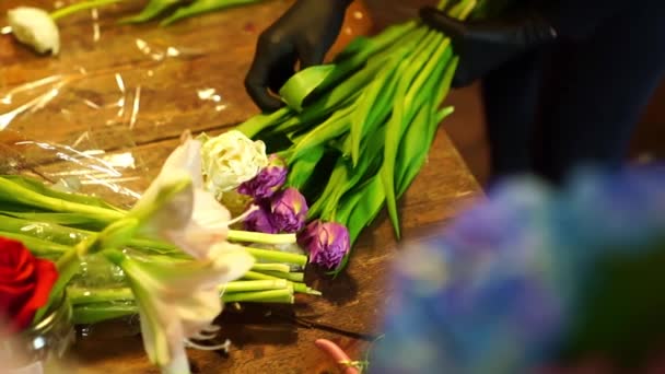 Floristen samlar bukett av färgglada tulpaner. traditionell gåva av levande blommor — Stockvideo