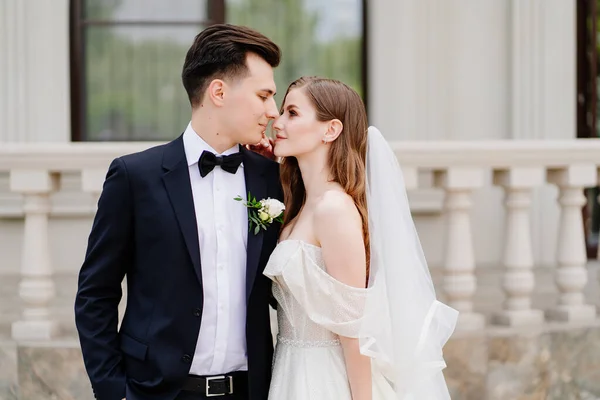 Schöne Brautpaare stehen vor dem Hintergrund eines hellen Gebäudes. — Stockfoto
