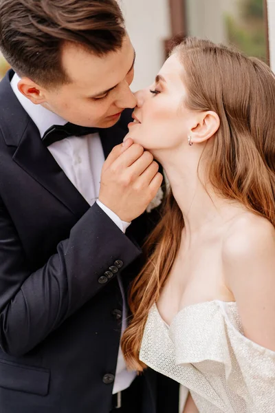 Sposa e sposo belli, gentili e felici. l'uomo tocca delicatamente il viso delle donne — Foto Stock