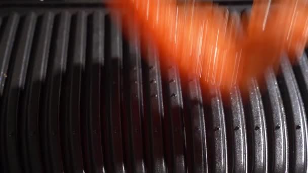 Een stuk vlees wordt op de elektrische grill gegooid — Stockvideo