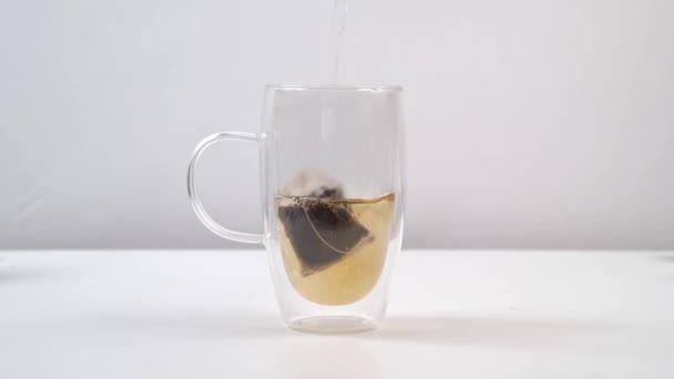 In a large glass mug with double glass of hot water brew tea bag. — Stock Video