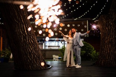 Gece parkında maytapları olan, ağaçlarda çelenkleri olan yeni evliler. Düğüne son vermek