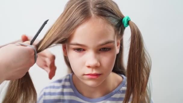 Corte de cabelo. mãe penteia e separa seu cabelo em fios. — Vídeo de Stock