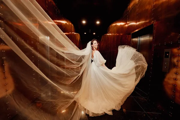 Schöne Braut in einem weißen eleganten Kleid, mit Schleier geht einen dunklen Korridor hinunter — Stockfoto