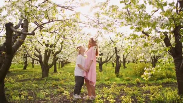 Mère et fils adolescent dans un verger de cerisiers de printemps en fleurs. — Video