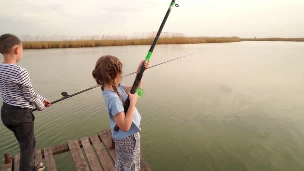 Pêcheurs. petite fille et garçon poisson sur une canne à pêche debout sur un pont en bois — Video